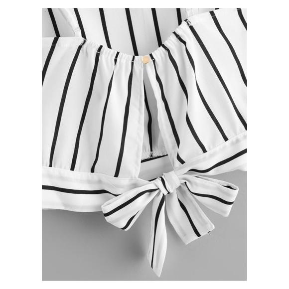 White Black Striped Back Tie Cami Crop Top - Picture 4 of 4